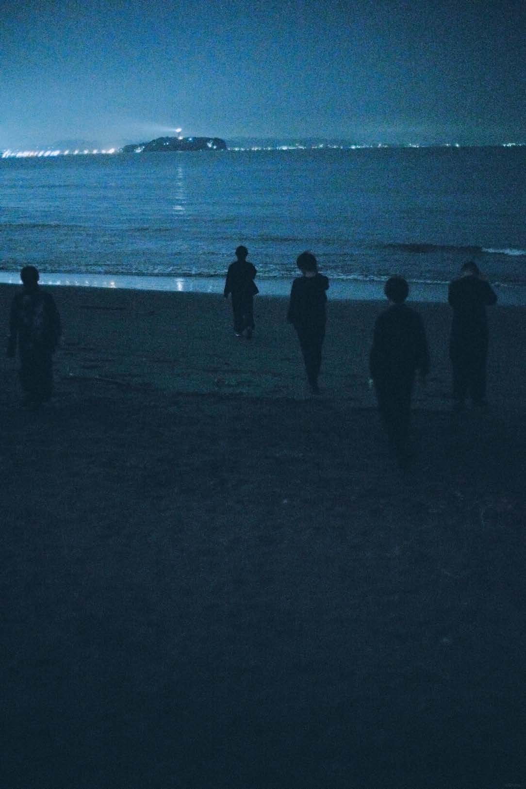 夜の海辺を歩く人々